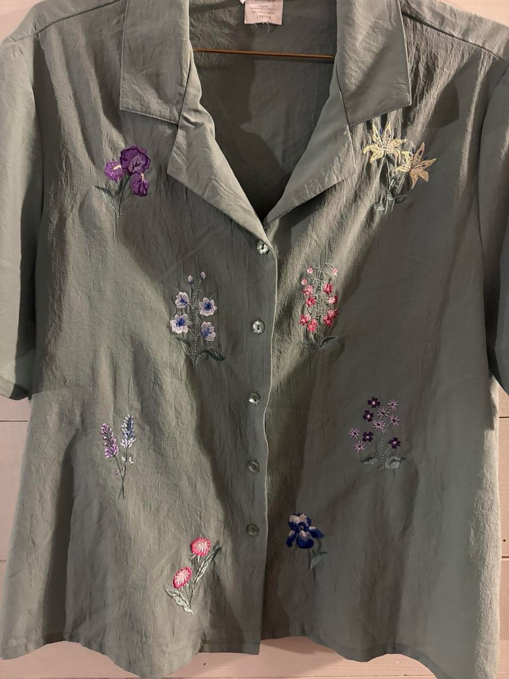 BonWorth Sage Green Embroidered Floral Button-Down Top